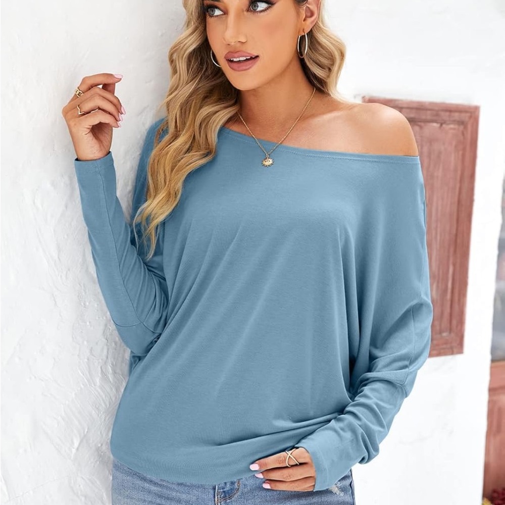 NEW Imysty Off Shoulder Batwing Top Large Blue